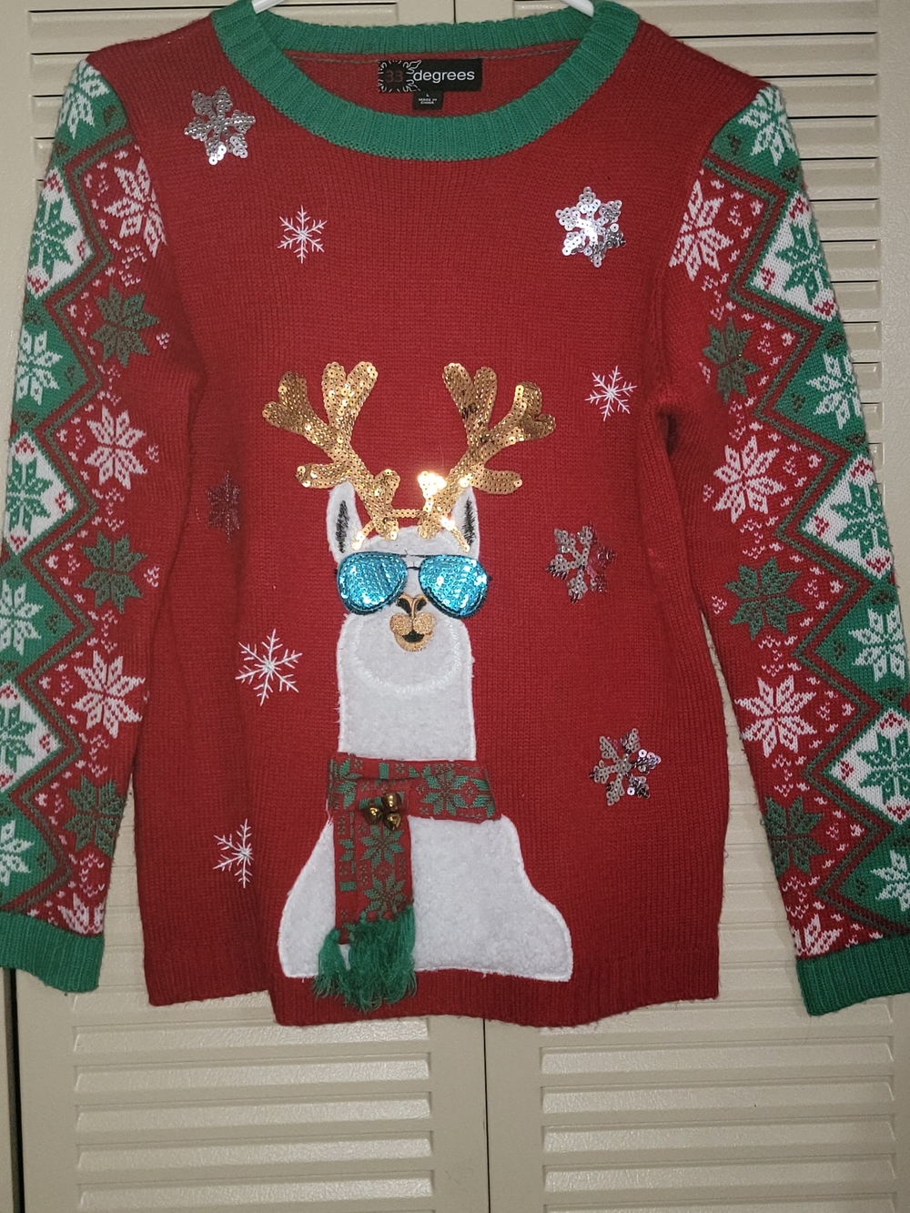 32 Degrees Red Holiday Llama Sweater with Green Trim and Blue Sequin Sunglasses